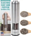 Eparé Electric Salt and Pepper Grinder with LED Light - Battery Operated Automatic One Handed Salt Pepper Mill - Metallic Adjustable Ceramic Burr & Refillable Stainless Steel Shaker