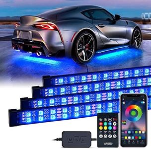 Xprite Double Row RGB LED Car Underglow Bluetooth Lights Strip, 4 PCS Underbody Neon Cars Exterior Glow Light Kit w/ APP Control & Wireless Remote, Universal for Vehicles SUV Trucks Pickups Vans