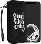 kwmobile Felt Phone Pouch Size XL - 6.7/6.8" - Zippered Universal Bag with Zipper and Embroidered Design - Good Vibes Phrase White/Dark Grey