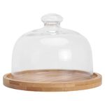 DOITOOL 1 Set Glass Dome with Wooden Base Mini Cake Stand Glass Display Dome Cloche Clear Glass Bell Jar Cover for Dessert Cheese Candy Plants Succulents (16 x 16 x 11.5cm)