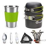 Odoland Camping Cookware Stove Carabiner Canister Stand Tripod and Stainless Steel Cup, Tank Bracket, Fork Knife Spoon Kit for Backpacking, Outdoor Camping Hiking and Picnic