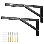 2PCS Folding Shelf Brackets, 16 inch Heavy Duty Stainless Steel Shelving Brackets, Wall Mounted Triangle Folding Shelf Bracket for Folding Bench,Work Table, DIY Bracket, Black