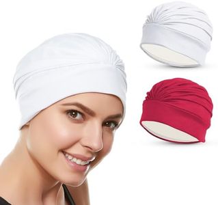Beemo Swim Caps for Women Swimming Turban Polyester Latex Lined Pleated for Ladies-2pk WH/RE
