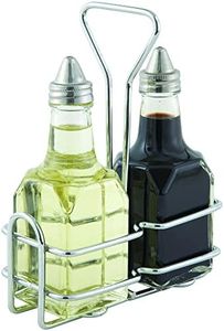 Winco G-104S, 5.4'' x 2.6'' Oil And Vinegar Cruet Set With Stainless Steel Chrome Plated Rack And Two 6 Oz. Square Glass Bottles, Salad Dressing Bottles