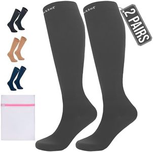360 RELIEF 2 Pairs Flight Compression Socks for Women & Men, Comfortable Travel, Circulation & Leg Relief, Pregnancy Support, S/M, Grey + Laundry Bag