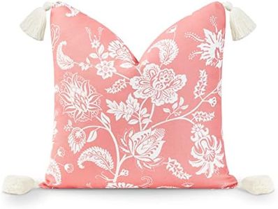 Hofdeco Premium Coastal Patio Indoor Outdoor Throw Pillow Cover Only, 18"x18" Water Resistant for Backyard, Couch, Coral Pink Floral Tassel