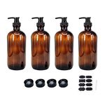 BPFY 4 Pack 16 oz Amber Glass Bottles with Pumps for Essential Oils, Cleaning Products, Lotions, Aromatherapy Oil, Pump Bottles, Refillable Containers With Cap, 8 Chalk Labels, 1 Pen