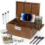 Large Brown Bamboo Box with Combination Lock, Decorative Storage Box with Detachable Compartment, Wooden Box with Alright Jars & Brushes & Storage Tubes as Great Gift Choice.