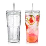 Joeyan 650 ml Glass Tumbler with Straw and Lid for Iced Tea Coffee Smoothie Water Juice Beverages Soda,Clear Borosilicate Glasses Cups,Ribbed Drinking Jar,Set of 2,Dishwasher Safe