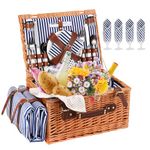 Picnic Basket for 4,Picnic Basket with Insulated Cooler Compartment,Wicker Picnic Set with 4 Sets Utensils Cutlery &Picnic Blanket Perfect for Picnic, Camping,Travel, Beach(Blue Stripe)