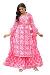 PARTHVI Women's Printed Calf Length Straight Kurta & Skirt With Dupatta Set (Pink_Large)