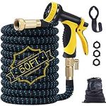 Expandable Garden Hose, 50ft Water Hose Flexible Garden Hose with Triple Latex Core,10 Function Water Spray Nozzle,3/4" Solid Brass Fittings,Retractable Fabric,Leakproof No-Kink Expanding Hose