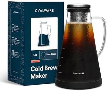 OVALWARE Airtight Cold Brew Iced Coffee Maker Pitcher (& Iced Tea Maker) with Spout – 1.5L/ 51oz Brewing Glass Carafe with Removable Stainless Steel Filter