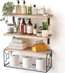 Pipishell Floating Shelves with Wire Strorage Basket, Paulownia Wood Bathroom Shelves for Home Organization & Wall Decor, Bathroom/Kitchen/Living Room/Office Shelves, Set of 3+1, Natural