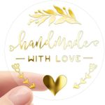 100 Pcs Handmade with Love Stickers, Gold Foil Transparent Round Labels for Small Business Packaging, Handmade Craft Seals for Envelopes Gifts, 1.6 Inch