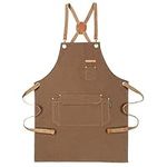 Genixart Chef Apron for Men Women with Pockets, Cotton Canvas Apron for Kitchen Cooking Baking Artist Painting, Cross Back Work Aprons for Shop, Garden, Restaurant, Cafe, Barista, M to XXL (Brown)