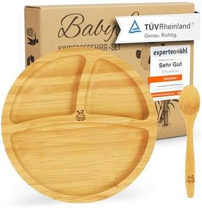 Babylovit Children's Plate with Suction Cup, Bamboo Baby Plate with Suction Cup, Tested Children's Plate with Baby Cutlery, Baby Accessories, Ideal for Baby LED Weaning, Bamboo Plate