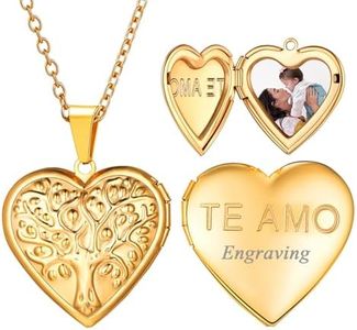 U7 TE AMO Locket Necklace That Holds Pictures 14K Gold Plated Stainless Steel Customized Image Heart Tree of Life Image Heart Lockets Pendant with 20 Inch Chain