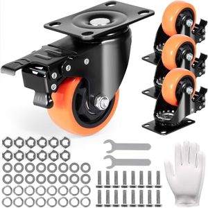 VEVOR Ruote Girevoli Set di 4 Rotelle per Mobili Industriali Ruote Silenziose in PVC Diametro da 76,2mm con Freno di Bloccaggio A/B Capacità di Carico 113kg per Rotella per Carrelli da Banco da Lavoro