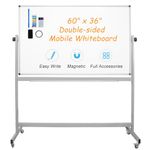 XIWODE Double-Sided Magnetic Large Mobile Dry Erase Board, Whiteboard on Wheels Rolling with Stand, 60 X 36 inch, White Board, Silver Aluminium Framed with Lacquered Steel Surface