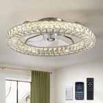 LUDOMIDE Flush Mount Ceiling Fan with Light, 22" Modern Crystal Chandelier Ceiling Fan with Smart 4-Light Color Change, LED Ceiling Fan Fandelier, Low Profile Ceiling Fan for Bedroom (Silver)