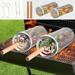 ZWERLIN BBQ Basket (1PCS), Rolling Barbecue Basket 304 Stainless Steel Removable Wooden Handle, Rolling Barbecue Mesh, Barbecue Accessory Tool for Vegetable Shrimp, Outdoor Cooking Camping