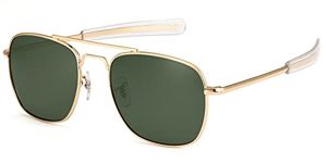 Mens Aviator Sunglasses 55mm Polarized Military Pilot Shades Square Metal Frame with Bayonet Temples for Women Gold Frame Green Lens