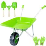 Wheelbarrow Set Children, Childrens Metal Wheelbarrow Kids Gardening Set with Shovel, Rake, for Outdoor, Educational, Farm, Gardening Toy, Play, Game(GREEN)