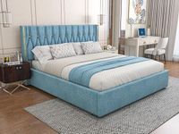 SABTA Modern Upholstered Queen Size Bed with Box Storage for Bedroom | Wooden Double Bed with Storage | Platform Cot Bed with Upholstery Premium Fabric | Sheesham Solid Wood, (Blue) | 6.5 x 5 Ft