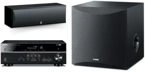 YAMAHA RX-V385 5.1-Channel 4K Ultra HD AV Receiver with NS-SW050BL 8" 100W Powered Subwoofer, Black and NS-C210BL Center Channel Speaker, Black