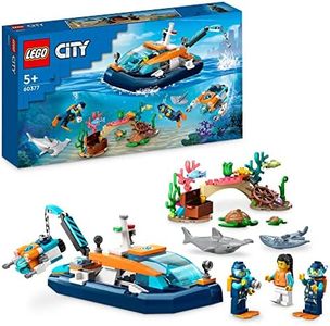 LEGO® City Explorer Diving Boat 60377 Building Toy Set with Mini-Submarine, Shark, Crab, Turtle Manta Ray and Sea Animal Figures, Underwater Ocean Diving Set