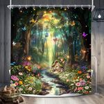 Riyidecor Fantasy Shower Curtain 72Wx72H Inch Fairy Wonderland Woodland Tree Wildflower Floral Garden Butterfly Plant Tale Nature Bathroom Decor Fabric Polyester Waterproof 12 Pack Hooks