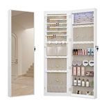 Hzuaneri Jewelry Cabinet Armoire - 8 LEDs Mirror Jewelry Organizer, Wall/Door Mount Lockable Storage Cabinet with 6 Earrings Shelves, 2 Makeup Pockets,Watch Slots, White and Beige JC12003BE