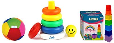 Little’s Rainbow Stacking Cubes I Activity Toy for Babies Infant & Preschool Toys + Junior Ring (Plastic,Multicolour) + Soft Plush Baby Ball with Rattle Sound (11Cm,Multicolor) - (Set of 3 Toys)