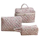 3 Pcs Travel Cosmetic Bag Set Floral Toiletry Bag Cute Cotton Makeup Bag Aesthetic Cosmetic Bag Quilted Makeup Bag Large Travel Floral Makeup Organizer Bag for Women and Girls (Red Floral)