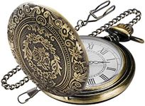 Realpoo Bronze Large Decorative Flower Pattern Pocket Watch White Roman Numeral Scale Quartz Pocket Watches for Men with Chain