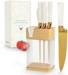 CHROME CLUB Stainless Steel White and Gold Knife Set with Block - 7 Piece Gold Kitchen Knife Set with Durable Clear Knife Block and Sharpener - Vibrant White Knife Set with Scissors and Cleaning Wipe