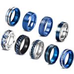 EIELO 9Pcs Stainless Steel Band Rings for Men Women Cool Fidget Spinning Chain Ring Anxiety Relief Fashion Simple Wedding Engagement Black Ring Set (Blue, 10)