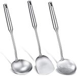 Patelai 3 Pcs 15in Wok Spatula and Ladle, 304 Stainless Steel Wok Utensils All Metal, Utensils Skimmer Ladle Tool Set for Carbon Steel Cooking Baking