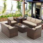 DEVOKO Outdoor 7-Seater Wicker Sectional Sofa Waterproof Outdoor Furniture with Cushions,Center Table and Side Table for Indoor and Outdoor (Dark Brown and Cream)