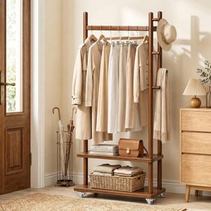 Taitiy Coat Rack Freestanding Clothing Rack with Wheels, Coat Tree Freestanding Heavy Duty with 2 Storage Shelves and 5 Hooks, Wood Garment Rack for Corner Bedroom Hallway Entryway Living Room Hotel