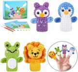 Crochet Kit for Beginners - 4 PCS Finger Puppets Crochet Kit with Step-by-Step Video Tutorials, Beginner Crochet Kit for Adults, Crochet Animal Kit for Kids, Owl, Lion, Penguin, Frog Crocheting Set