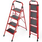 KINGRACK Folding Step Ladder 4 Steps Stool, Heavy-Duty Sturdy Tall Stepladder with Handrails & Wide Pedals for Adults, Safety Steel Household Ladders for Home Kitchen Office, Red