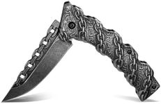 LFHC 3D CHAIN HANDLE Pocket Folding Knife with Clip, Stonewashed Tactical Survival EDC Knives for Men, Outdoor Camping, Hiking Tools