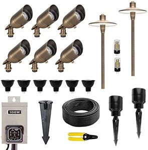 Lumen Logic 12V Brass LED Landscape Lighting Kit (6 Spotlights, 2 Path Lights) with 100W Low Voltage Transformer