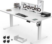 Devoko Electric Standing Desk 140x70cm with USB Charging Height Adjustable Desk with Desktop Sit Stand Up Desk Heavy Duty Steel 3 Memory Smart Pannel(White)