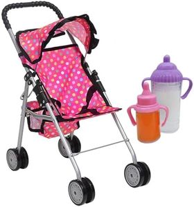 fash n kolor - My First Baby Doll Stroller - Pink Polka Dot Doll Stroller with Basket- Soft Grib Handle. Foldable with Hood Toy Doll Pram Baby Doll Accessories. With 2 Free Bonus Doll Bottles Included