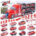 CUTE STONE Fire Transport Carrier Truck, Toy Vehicle Playset W/Sound & Lights, 12 Mini Rescue Fire Truck Cars Included, Push and Go, Learning and Play Gift for Toddlers Kids Boys