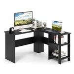 CASART L-shaped Computer Desk, Wooden Writing Desk with Storage Shelves & Cable Holes, Home Office Computer Workstation PC Laptop Table for Bedroom Study (Black)