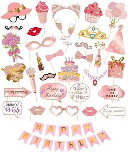 Birthday Party Photo Booth Props, 34Pcs Glitter Birthday Photo Booth Props Rose Gold Party Photo Booth Props,Funny Selfie Happy Birthday Photo Props for Girls Women, with Lips,Crowns,Flowers,Lipsticks